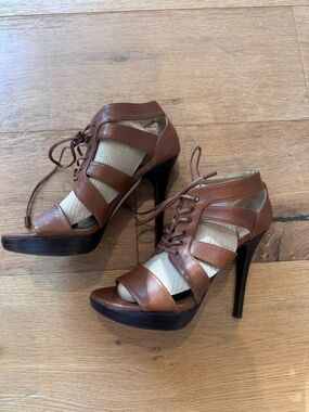 Stuart Weitzman Cognac Leather Lace-Up Platform Stiletto Sandal | Size 5.5